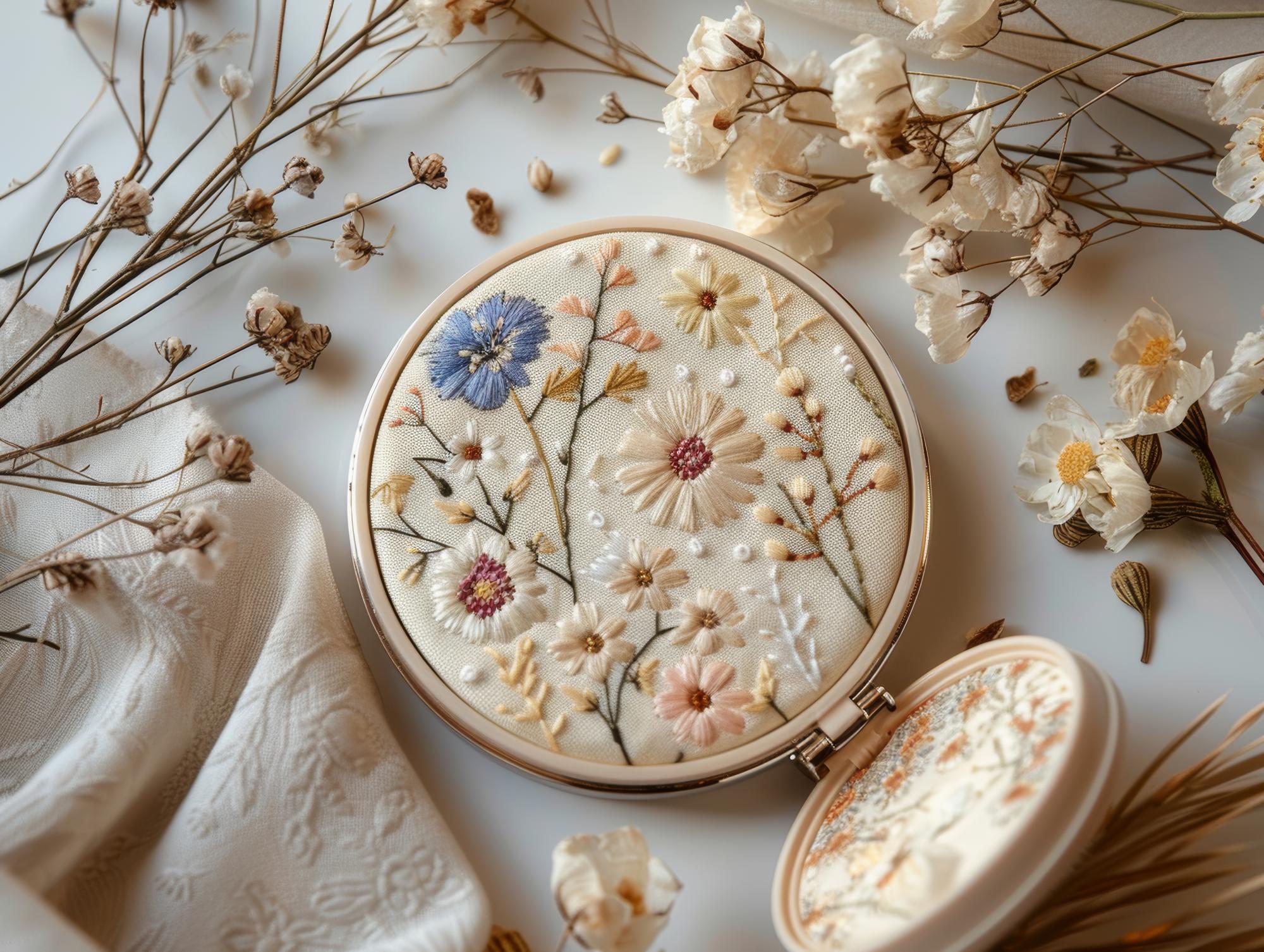 Close-up of embroidered floral hoop on neutral fabric